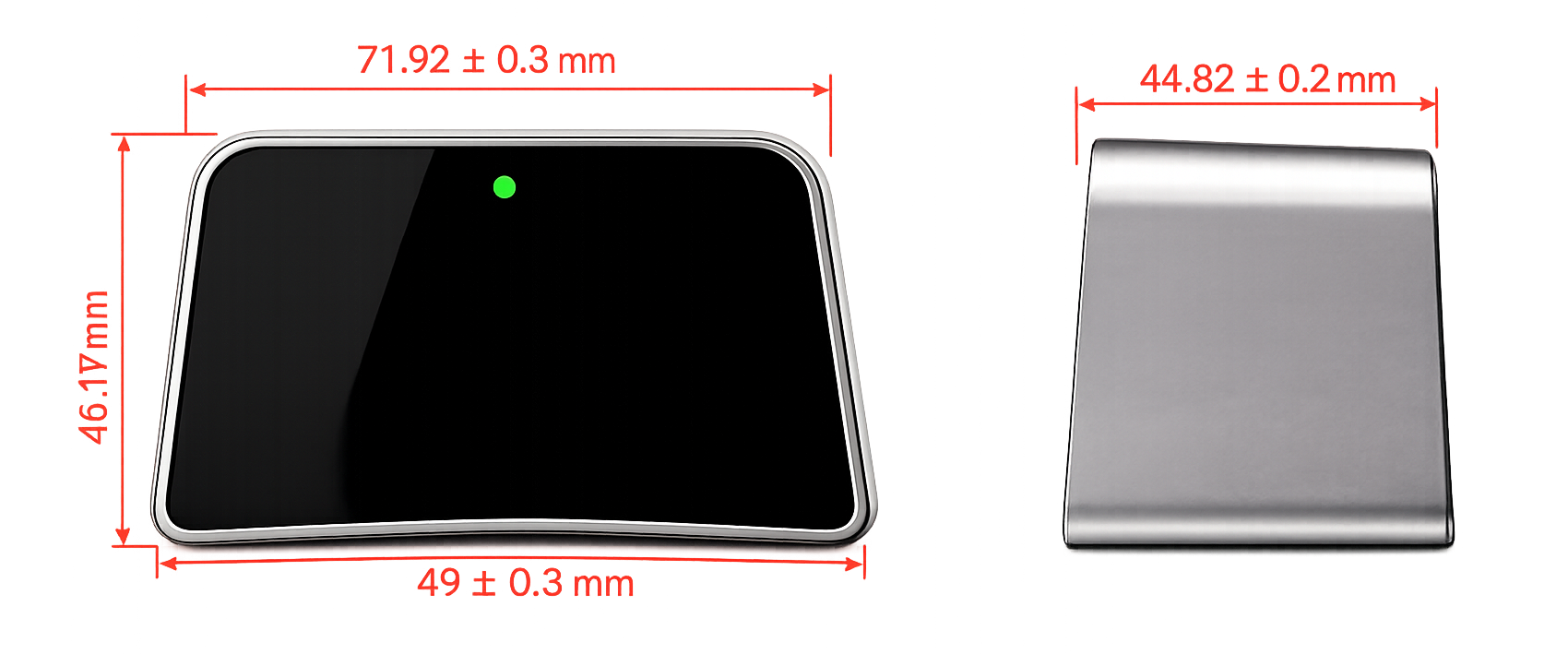 NUZZ AI 제품 치수 — 71.92 × 49 × 46.17 mm